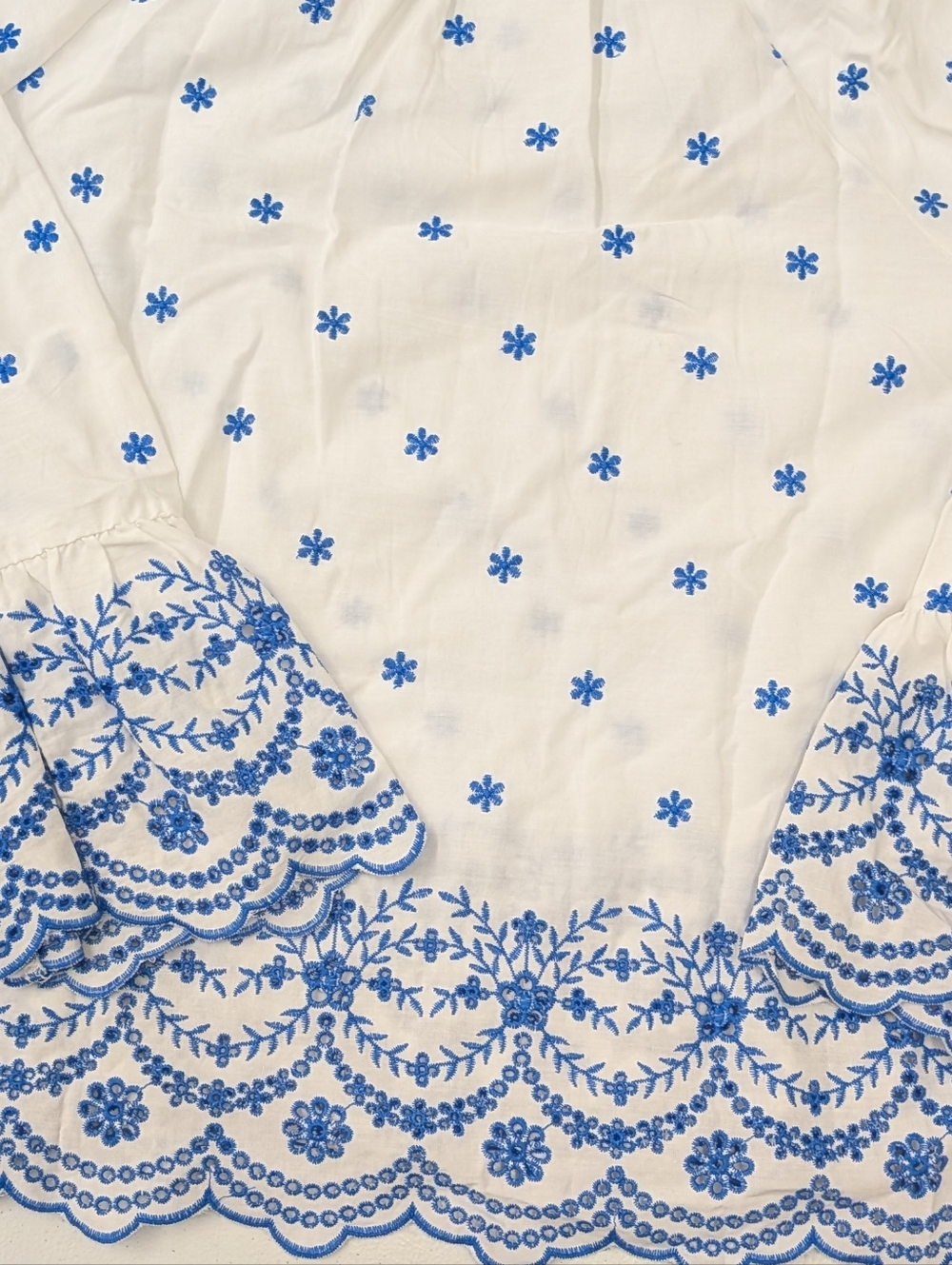 Embroidered Blouse Women L White Blue Floral Boho Long - Picture 7 of 8